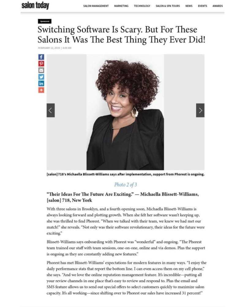 Woman smiling, highlighted as a success story for salon software transition in a Salon Today article.