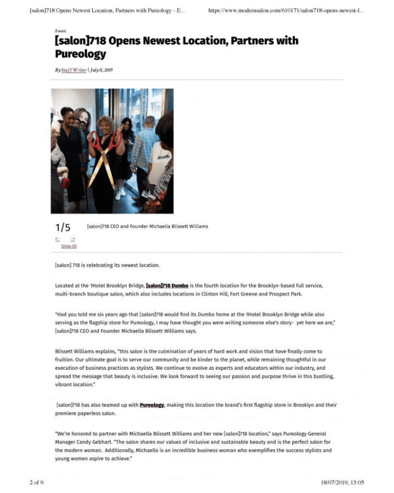 CEO cuts ribbon at salon opening, standing with partners in a celebratory event.