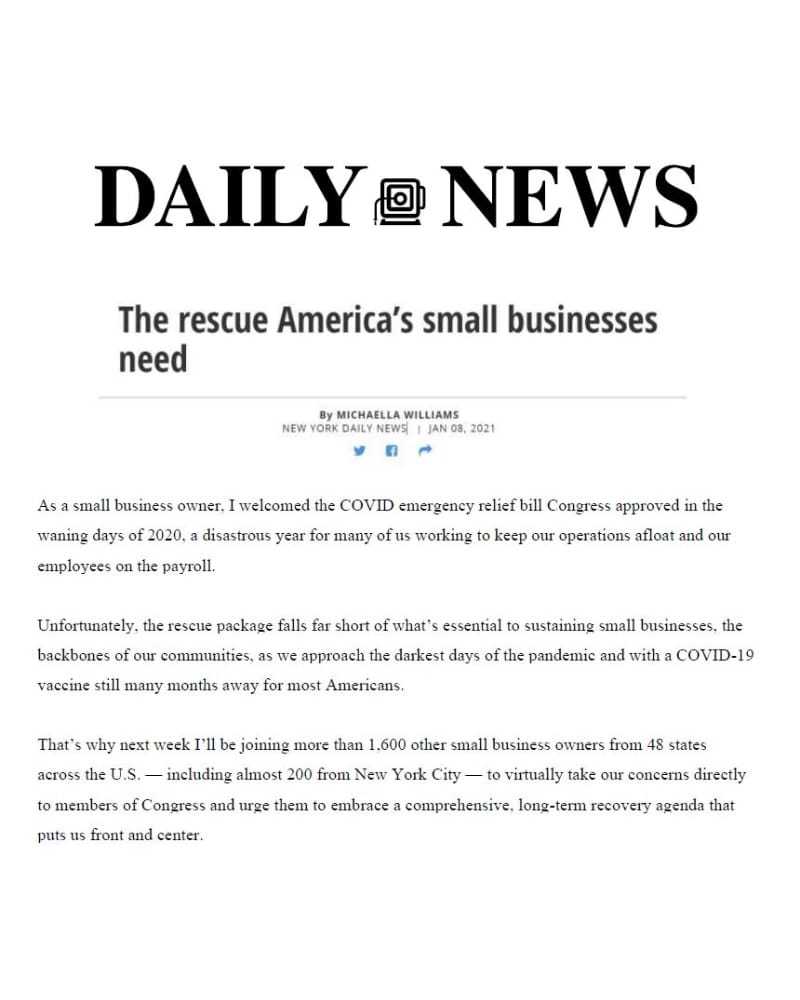 Daily News article on U.S. COVID relief bill for small businesses by Michaella Williams.