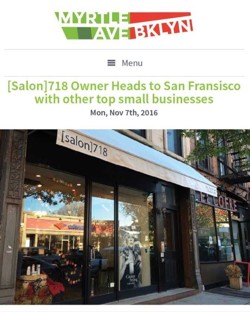 Storefront of [Salon]718 with a doorway and large windows on Myrtle Avenue, Brooklyn.