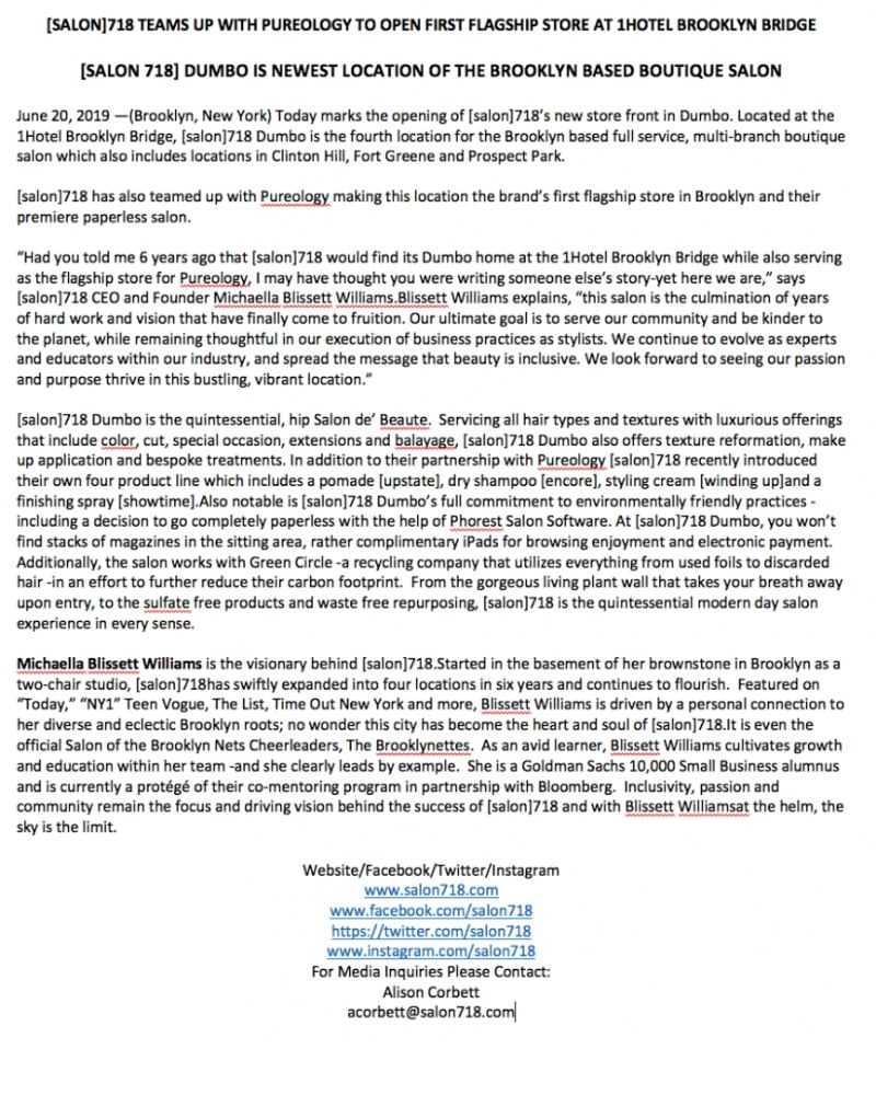 Opening announcement of [salon]718 at 1Hotel Brooklyn Bridge with Pureology partnership.