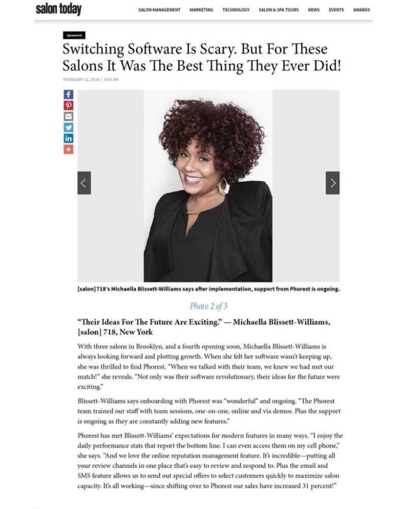Woman smiling, highlighted as a success story for salon software transition in a Salon Today article.