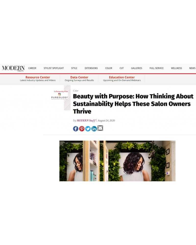 Salon focus on sustainability with two images of a woman in a green-themed setting.