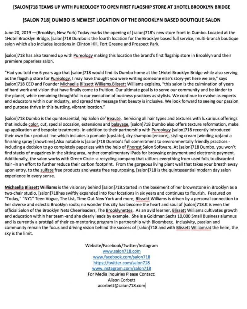 Opening announcement of [salon]718 at 1Hotel Brooklyn Bridge with Pureology partnership.