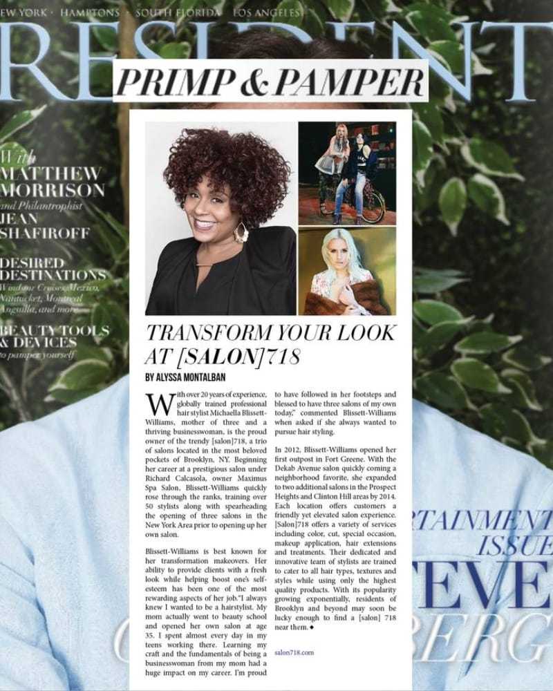 Magazine page on a salon featuring a stylist and different hairstyles.