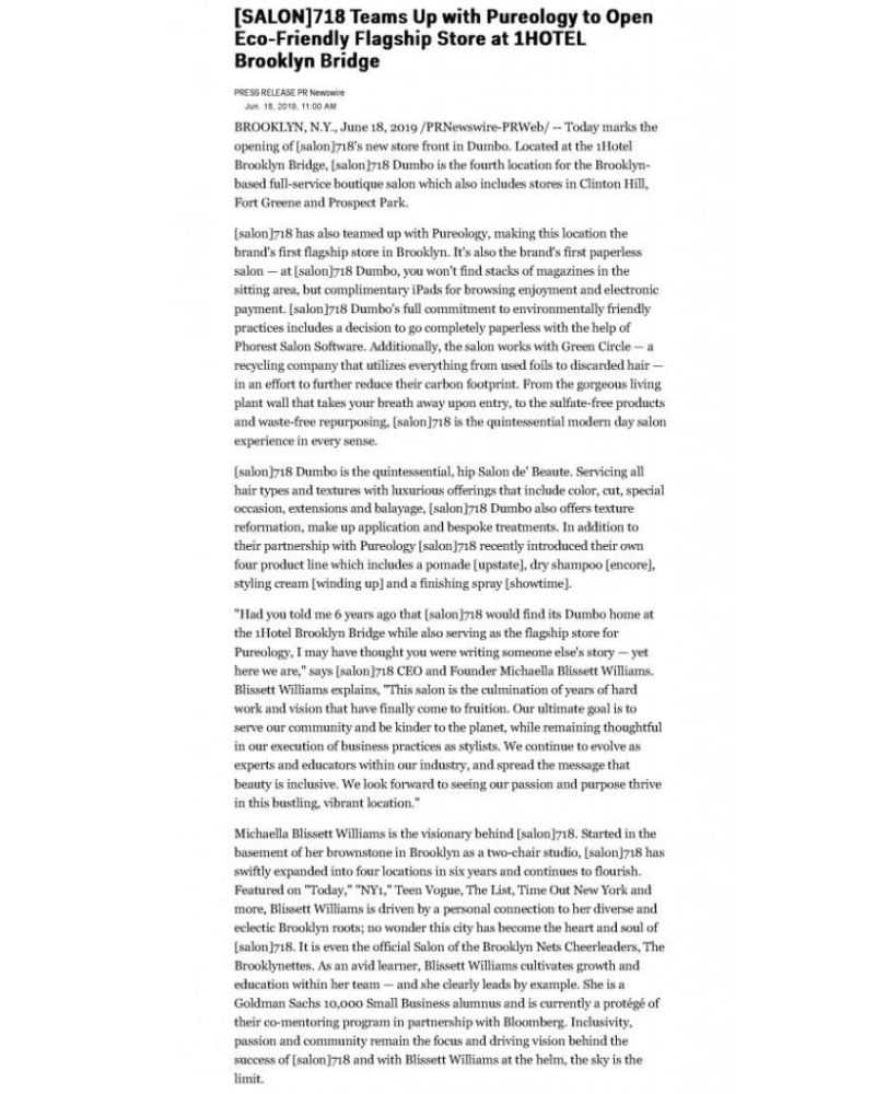 Eco-friendly flagship store for Pureology opens at 1 Hotel Brooklyn Bridge, June 18, 2019.