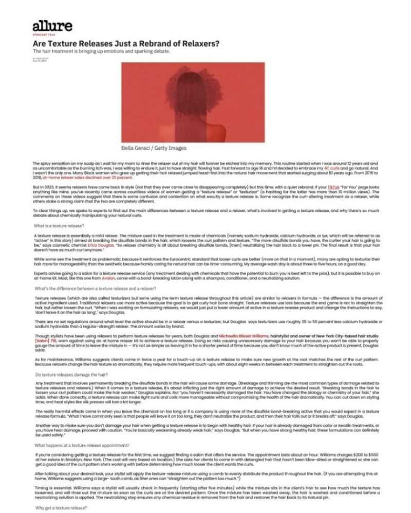 Magazine article about haircare, featuring a blurred image of a person with curly hair.